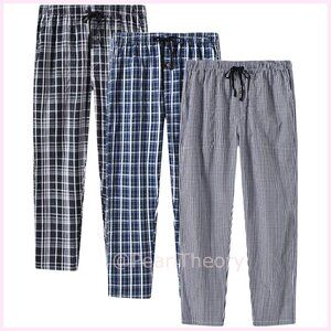 100% Classic Cotton Plaid Pajama Bottoms with Drawstring Button Fly 3-Pack